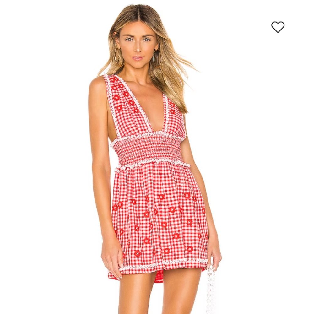 NWT X by NBD Florence Embroidered Mini Dress | XXS | Red Gingham